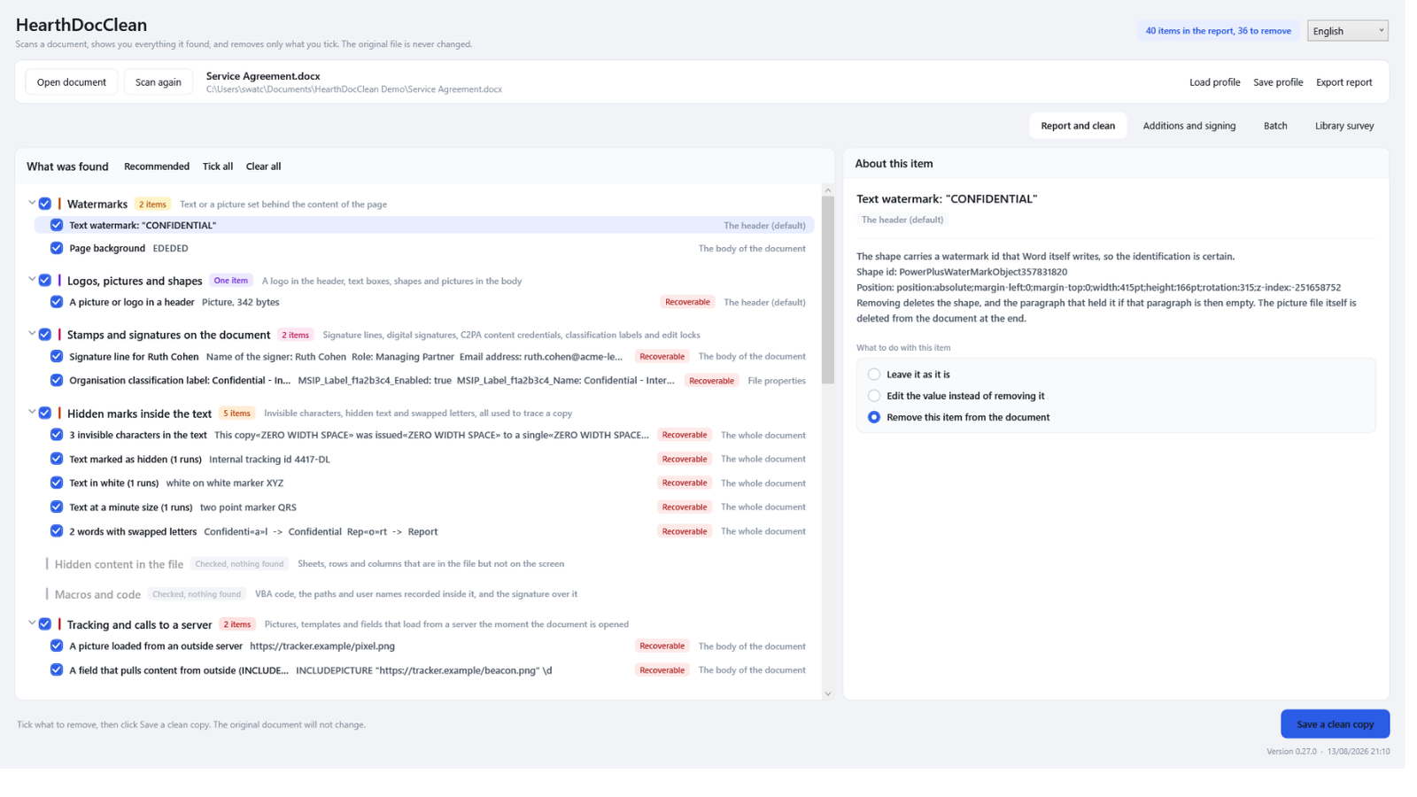 HearthDocClean showing a full report of a Word document: watermarks, a signature line with the signer's name and email, invisible characters in the text, and pictures that load from an outside server