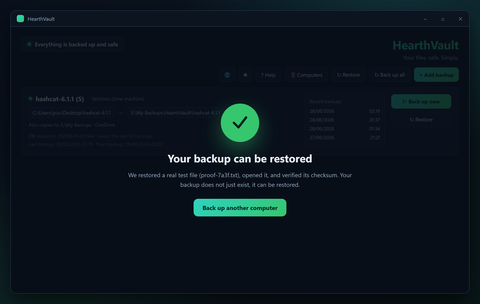 The proven-restore moment: a real test file restored and verified