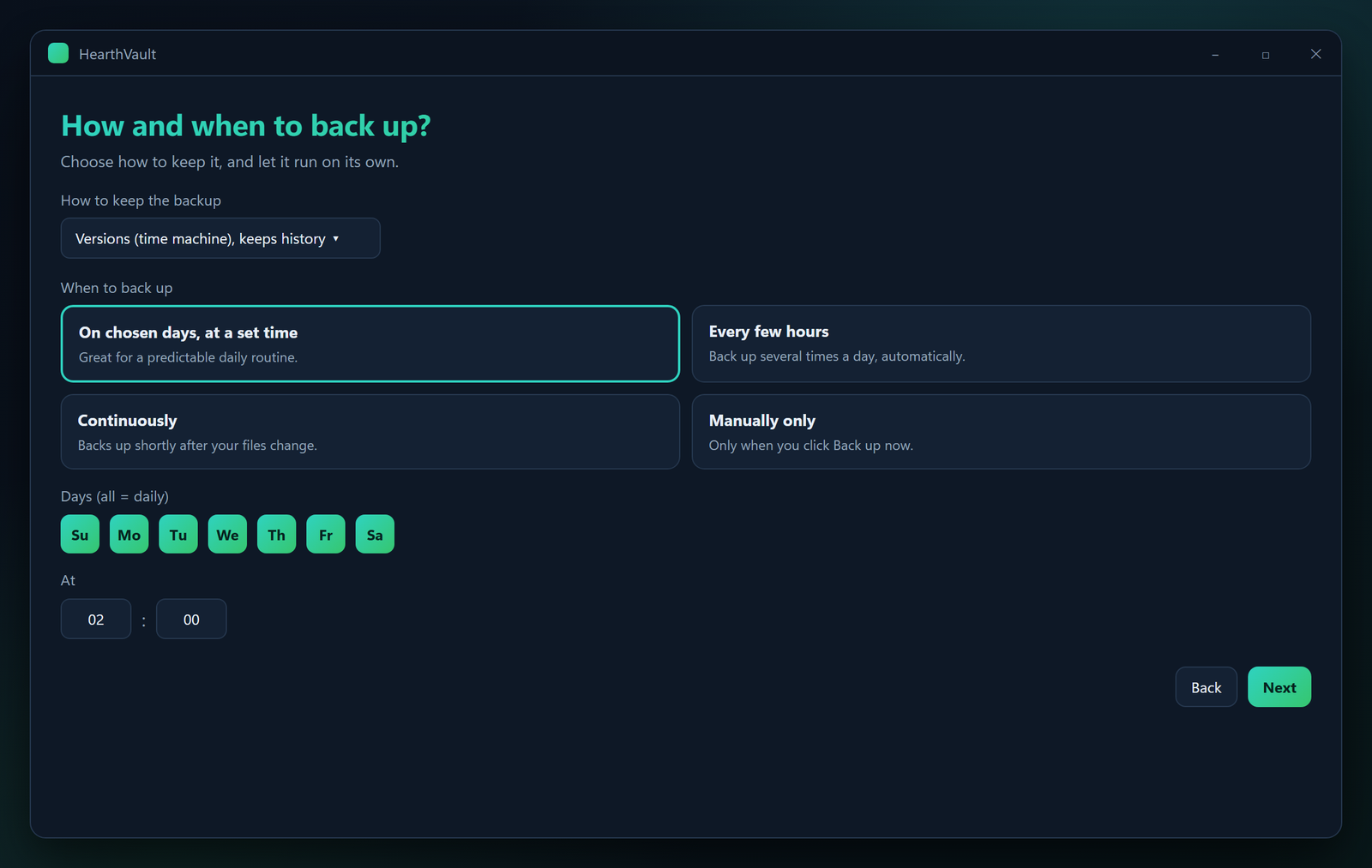 Schedule options: daily, every few hours, continuous, manual