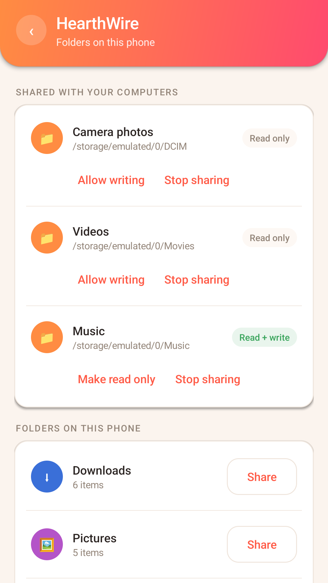 The folders screen on the phone, offering Camera photos, Music, Pictures, Videos and WhatsApp media to share, each with the number of items in it