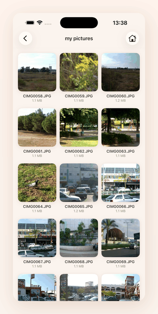 A folder from a computer at home open on the iPhone, showing photographs as thumbnails