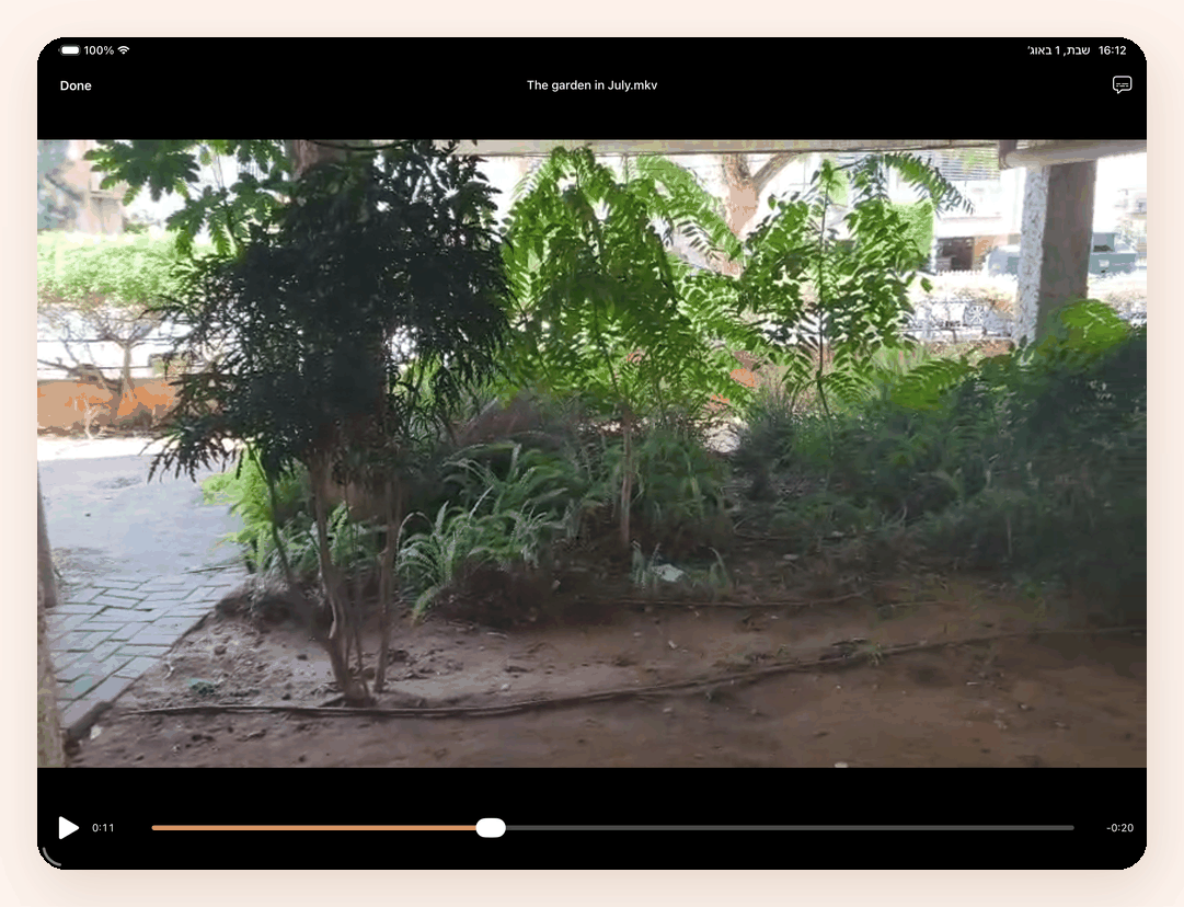 A film playing full screen on the iPad, with the playback controls along the bottom