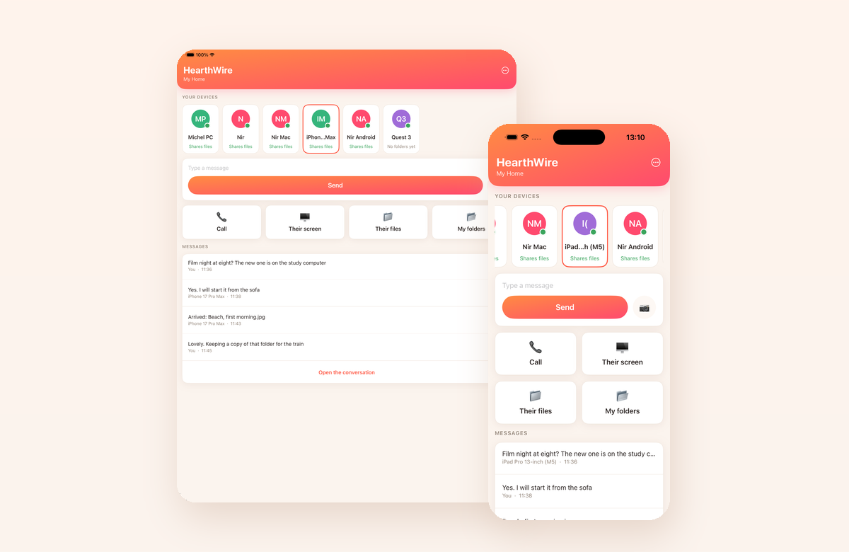 HearthWire on an iPad and an iPhone side by side, both showing the household: the devices at home along the top, a message box, and buttons for calling, screen sharing and folders