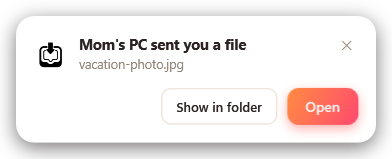 A popup showing a file arrived from another computer