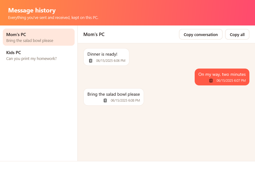 Message history window with past conversations as chat bubbles