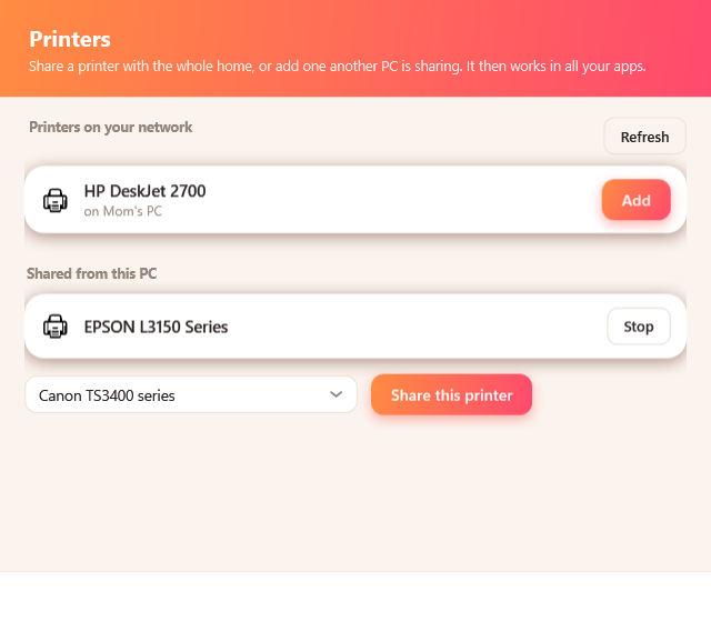 Printers window: share a printer or add one from another PC