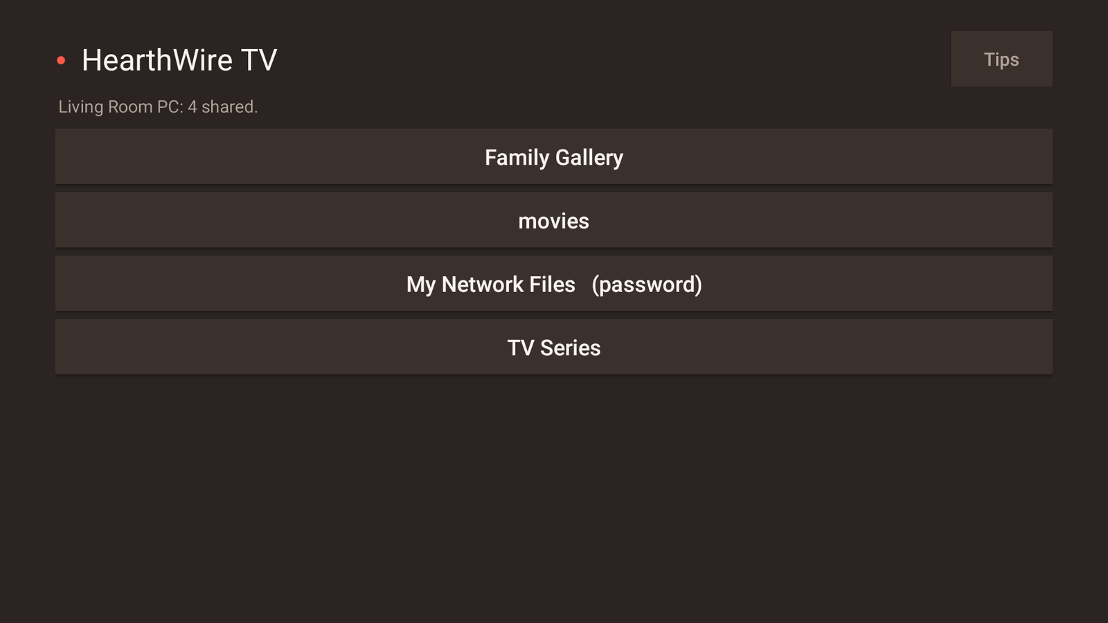 The folders one computer shares, listed on the television: Family Gallery, movies, My Network Files marked as password protected, and TV Series