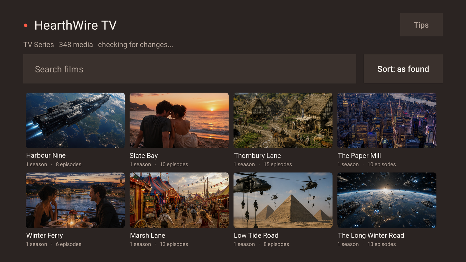 HearthWire TV on a television: a grid of series, each with its own picture, its season and its episode count, with a search box above