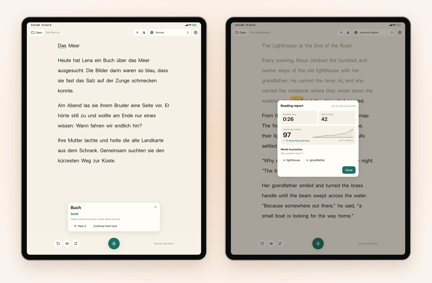 Two iPads running Read Tracker in large print: a German text with the translation card for the word Buch; and a reading report with words per minute, a progress line and words to practice