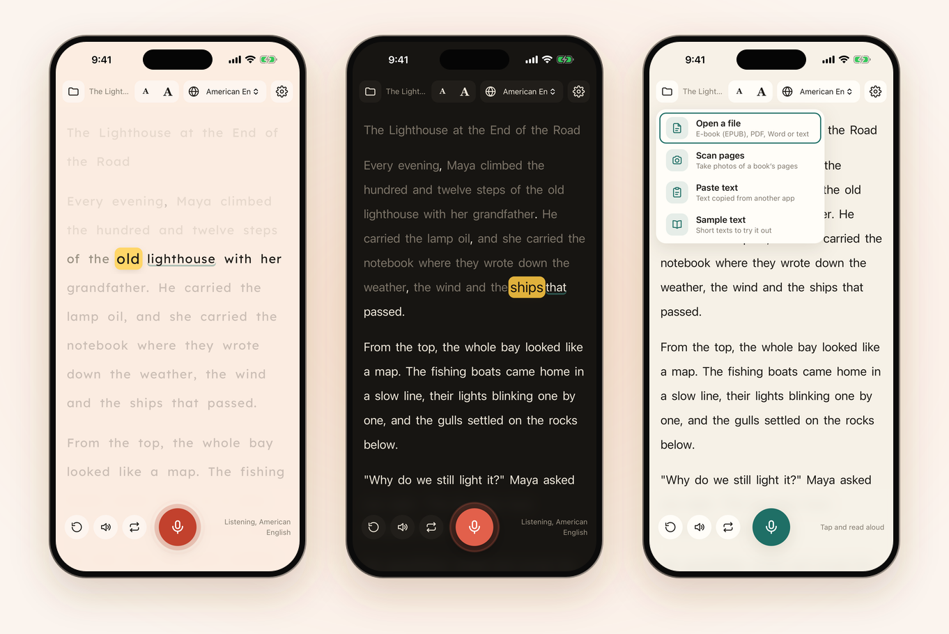 Three iPhones: dyslexia-friendly mode with a wide font, extra spacing, line focus and a warm page color; the dark look; and the Open menu offering a file, scanning pages, pasting text or a sample