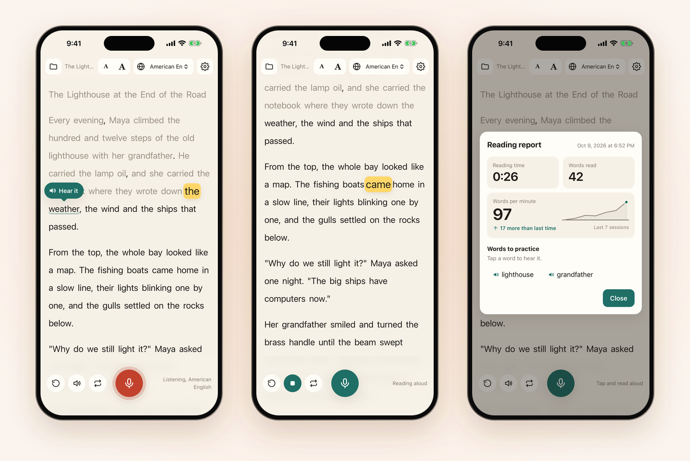 Three iPhones: a Hear it bubble above the word the reader is stuck on; the app reading a story aloud with the spoken word highlighted; a reading report with 97 words per minute, a rising line over the last seven sessions, and two words to practice