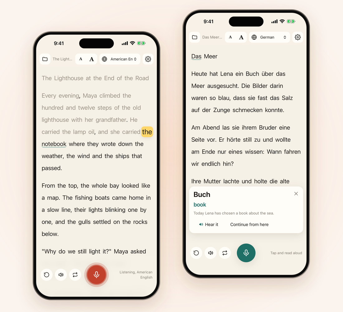 Two iPhones running Read Tracker: on the left a story being read aloud with the current word highlighted in yellow and the words already read in gray; on the right a German text with a card translating the tapped word Buch as book, together with the whole sentence