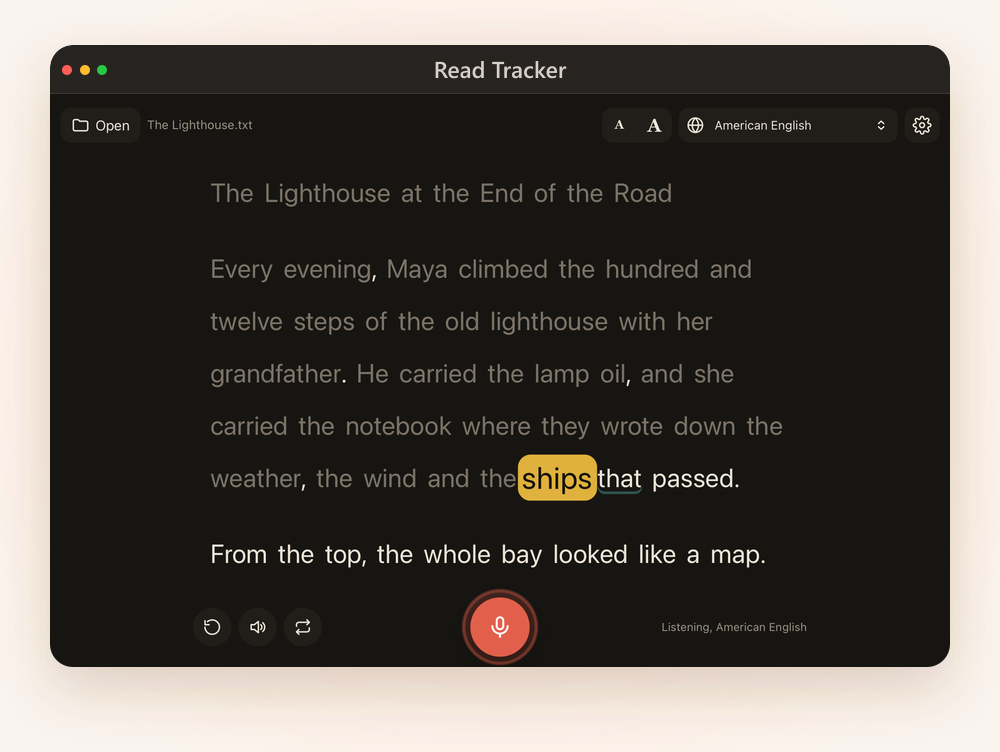 A Mac window in the dark look, with the current word highlighted