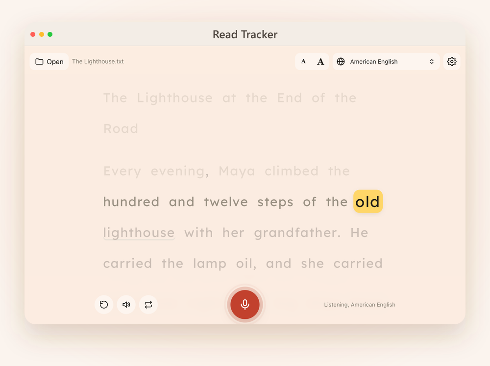 A Mac window in dyslexia-friendly mode: a wide font, extra spacing, a warm page color and a line focus that dims the other lines