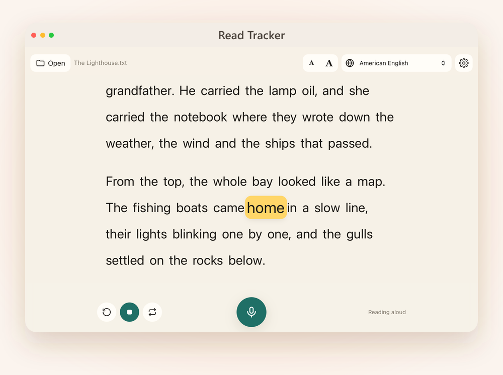 A Mac window: the app reading a story aloud, with the spoken word, home, highlighted