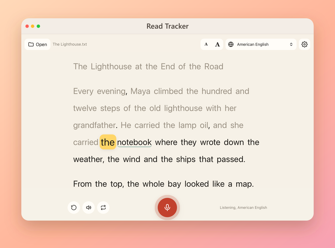 A Mac window running Read Tracker: a story being read aloud, with the current word highlighted in yellow, the next word underlined and the words already read in gray