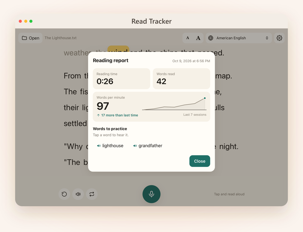 A Mac window showing a reading report: 42 words in 26 seconds, 97 words per minute, 17 more than last time, a rising line over seven sessions and two words to practice