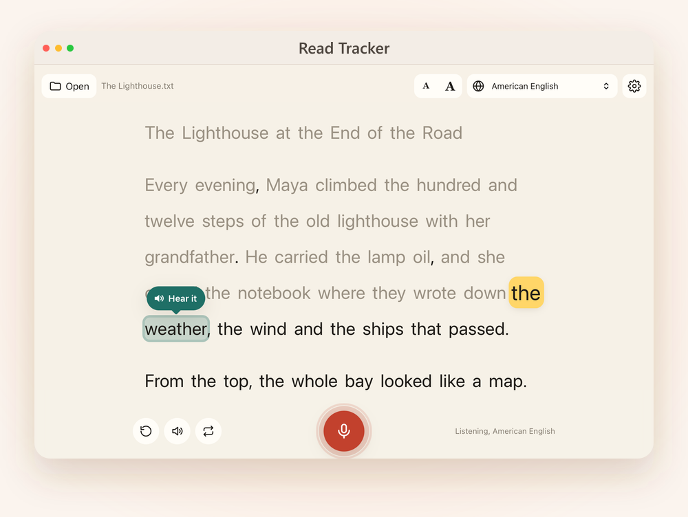 A Mac window: the reader has paused, and a Hear it bubble appears above the next word, weather