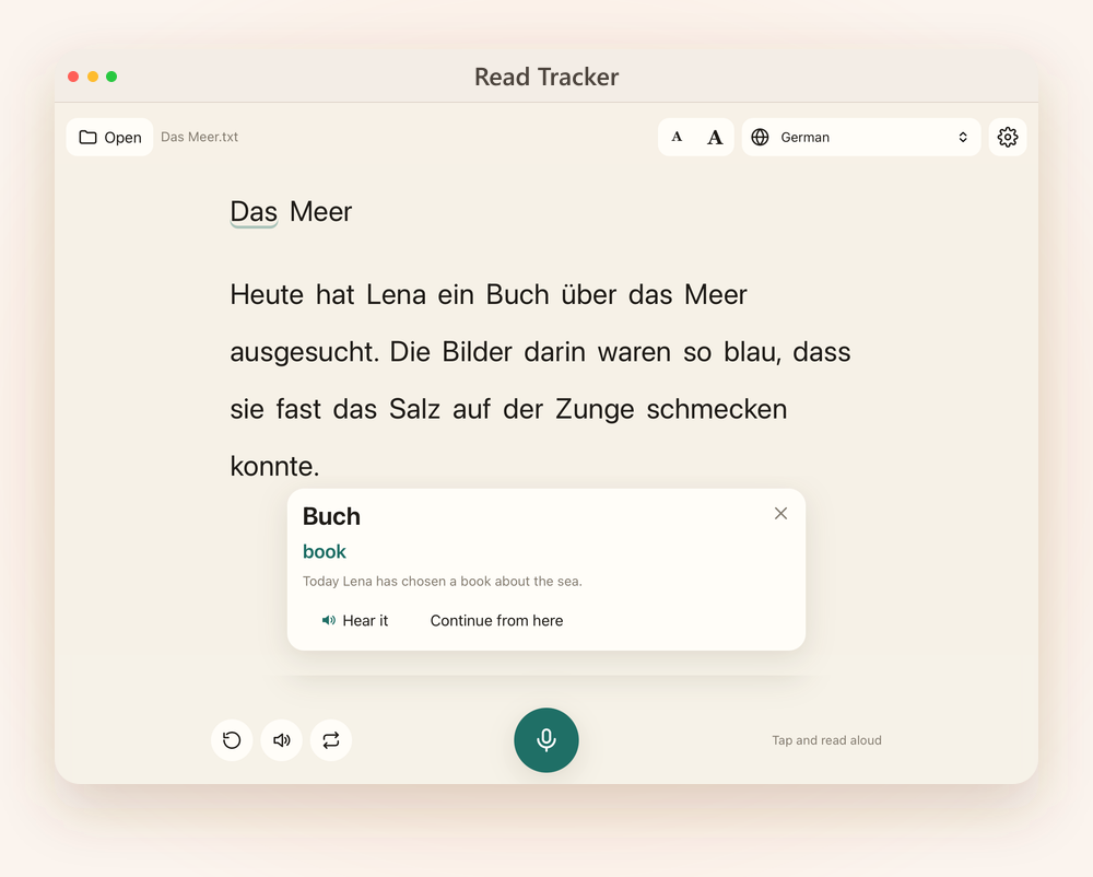 A Mac window with a German text and a card translating the clicked word Buch as book, with the whole sentence in English