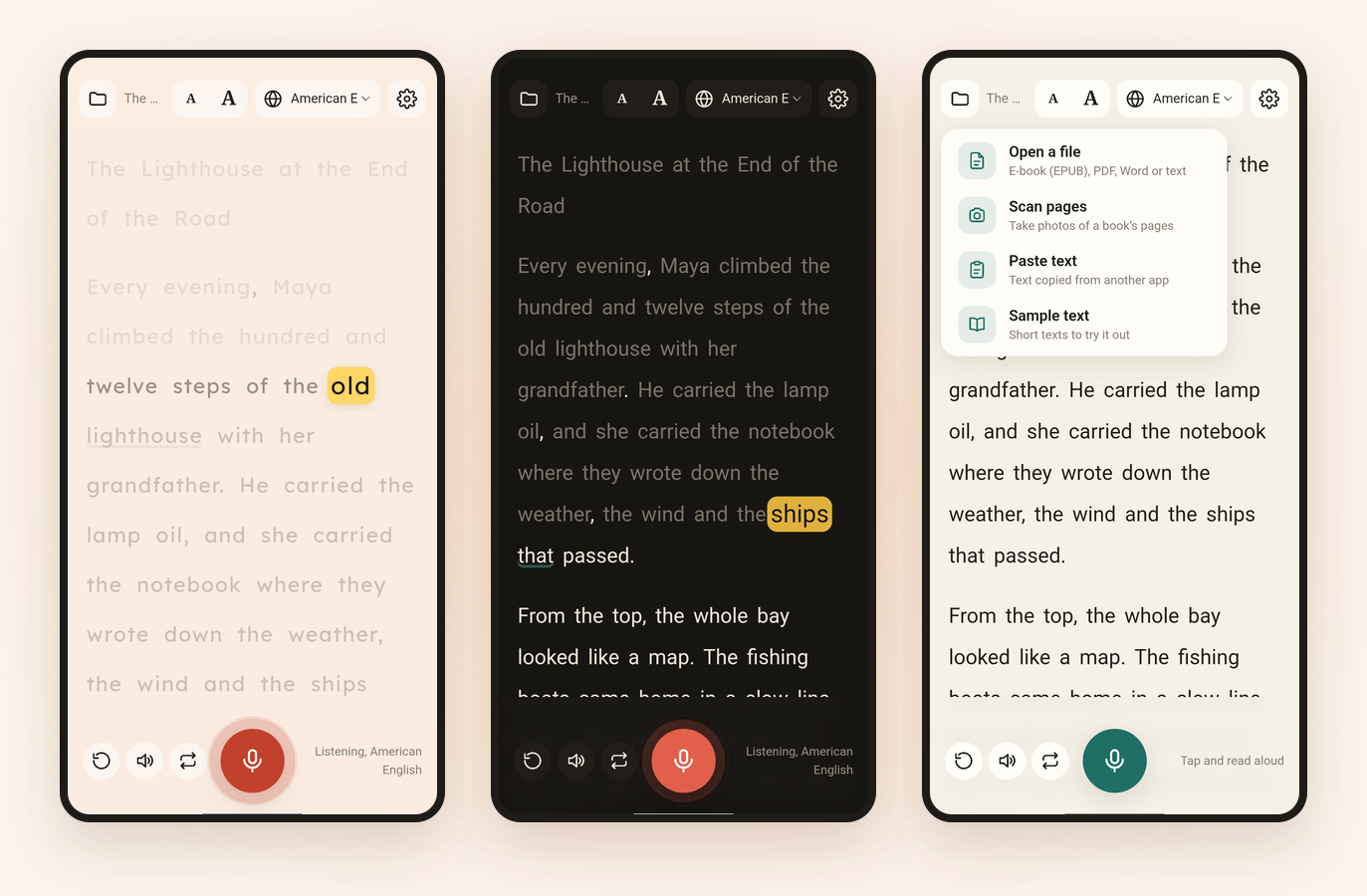 Three phones: dyslexia-friendly mode with a wide font, extra spacing, line focus and a warm page color; the dark look; and the Open menu offering a file, scanning pages, pasting text or a sample