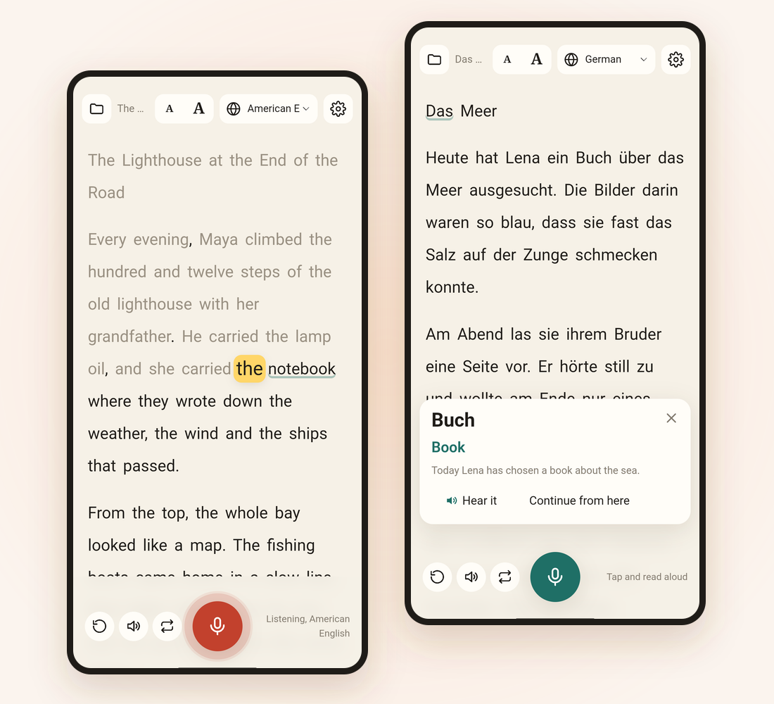 Two phones running Read Tracker: on the left a story being read aloud with the current word highlighted in yellow and the words already read in gray; on the right a German text with a card translating the tapped word Buch as Book, together with the whole sentence