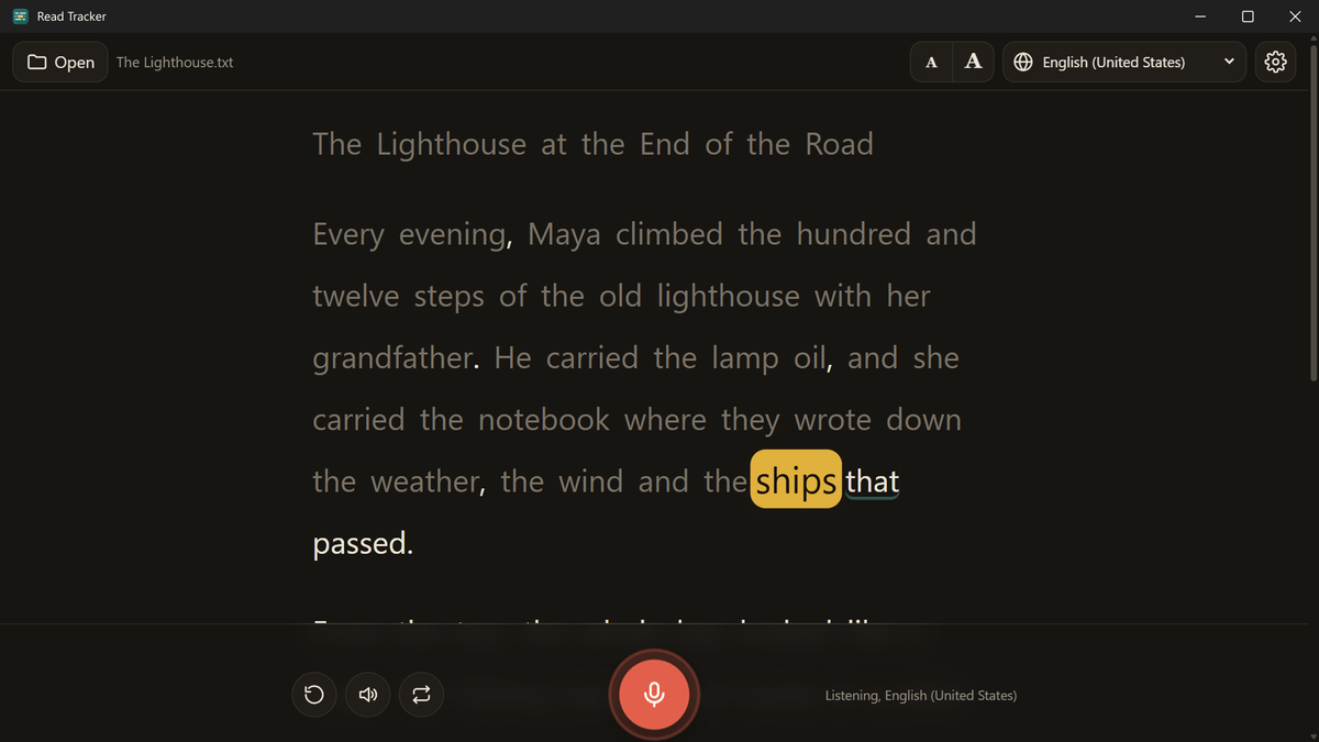 Read Tracker on Windows in the dark look, with the current word highlighted