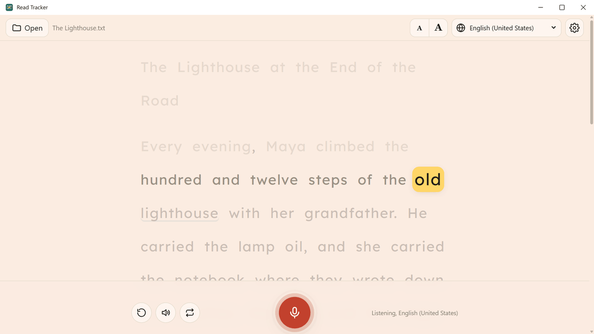 Read Tracker on Windows in dyslexia-friendly mode: a wide font, extra spacing, a warm page color and a line focus that dims the other lines