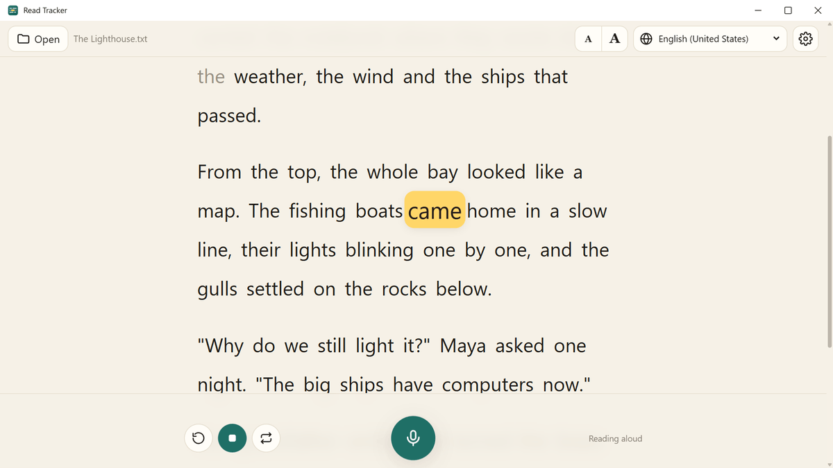 Read Tracker on Windows reading a story aloud, with the spoken word, boats, highlighted