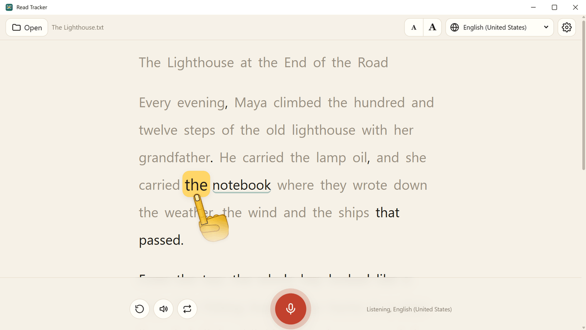 Read Tracker in a Windows window: a story being read aloud, with the current word highlighted in yellow, a pointing hand under it, the next word underlined and the words already read in gray