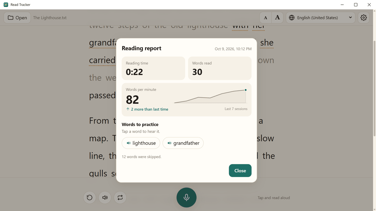 Read Tracker on Windows showing a reading report: 30 words in 22 seconds, 82 words per minute, 2 more than last time, a rising line over seven sessions and two words to practice