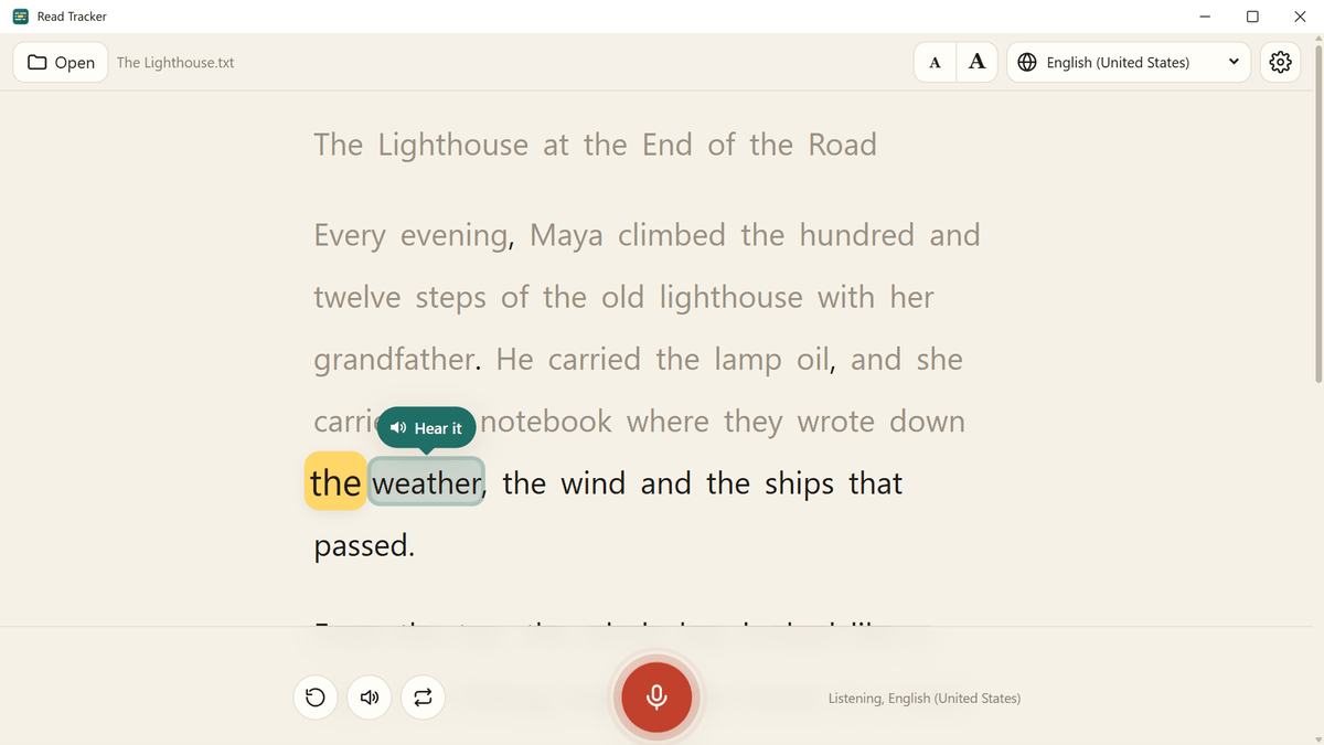Read Tracker on Windows: the reader has paused, and a Hear it bubble appears above the next word, weather