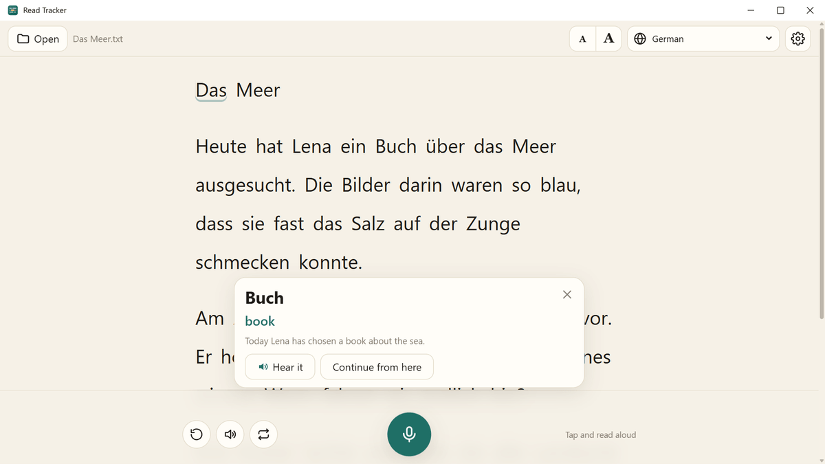 Read Tracker on Windows with a German text and a card translating the clicked word Buch as book, with the whole sentence in English